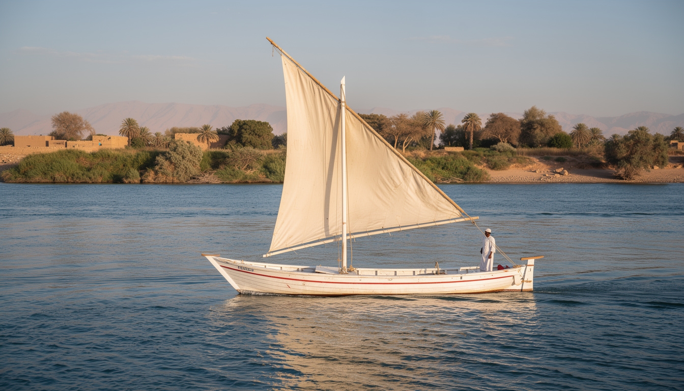 Traditional felucca sailboat on the Nile at Aswan with green island in background