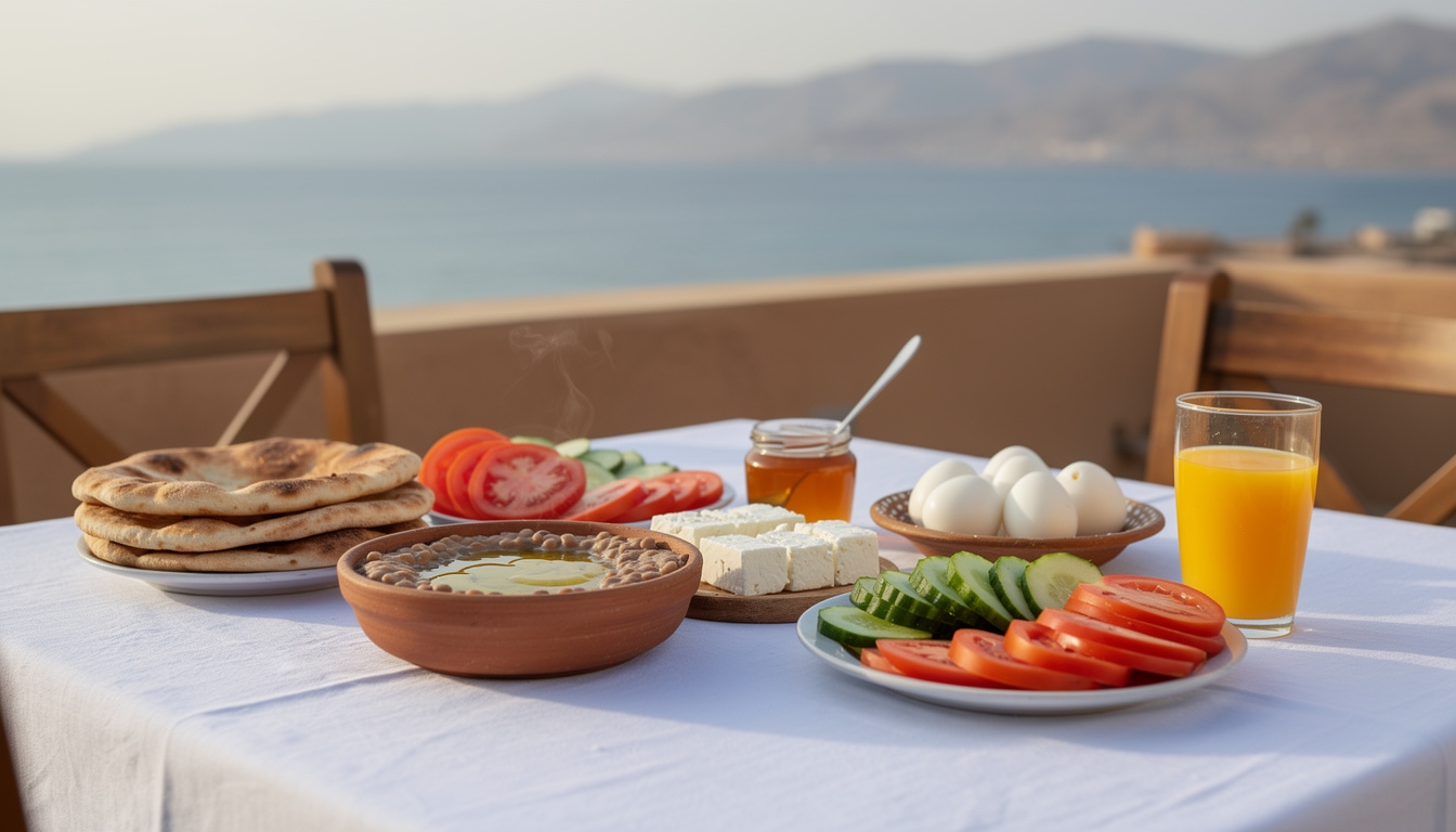 Colorful Egyptian breakfast spread on a rooftop terrace with fresh bread, vegetables and local cheeses
