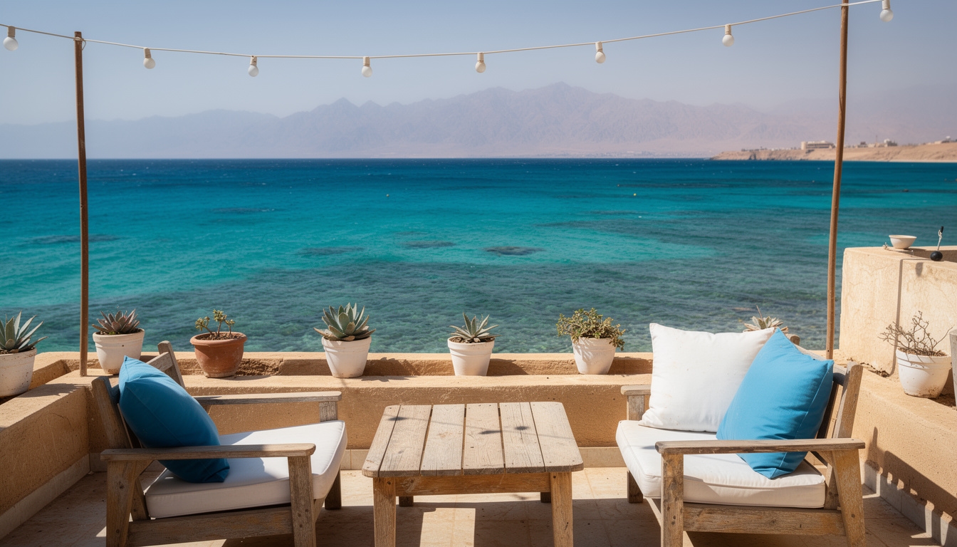 Terrace view from a small guesthouse in Dahab overlooking the Red Sea