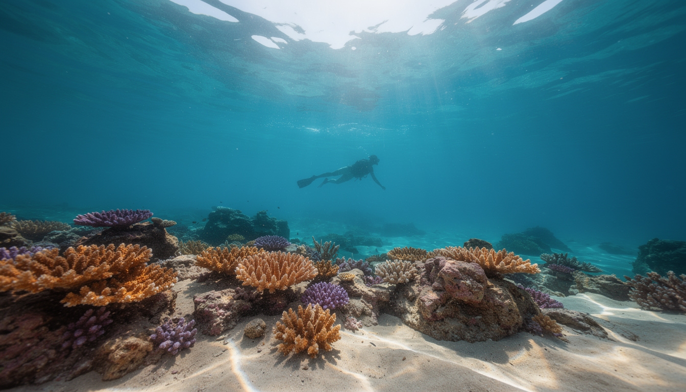 Clear turquoise water at Dahab with coral reef visible and mountains in the background