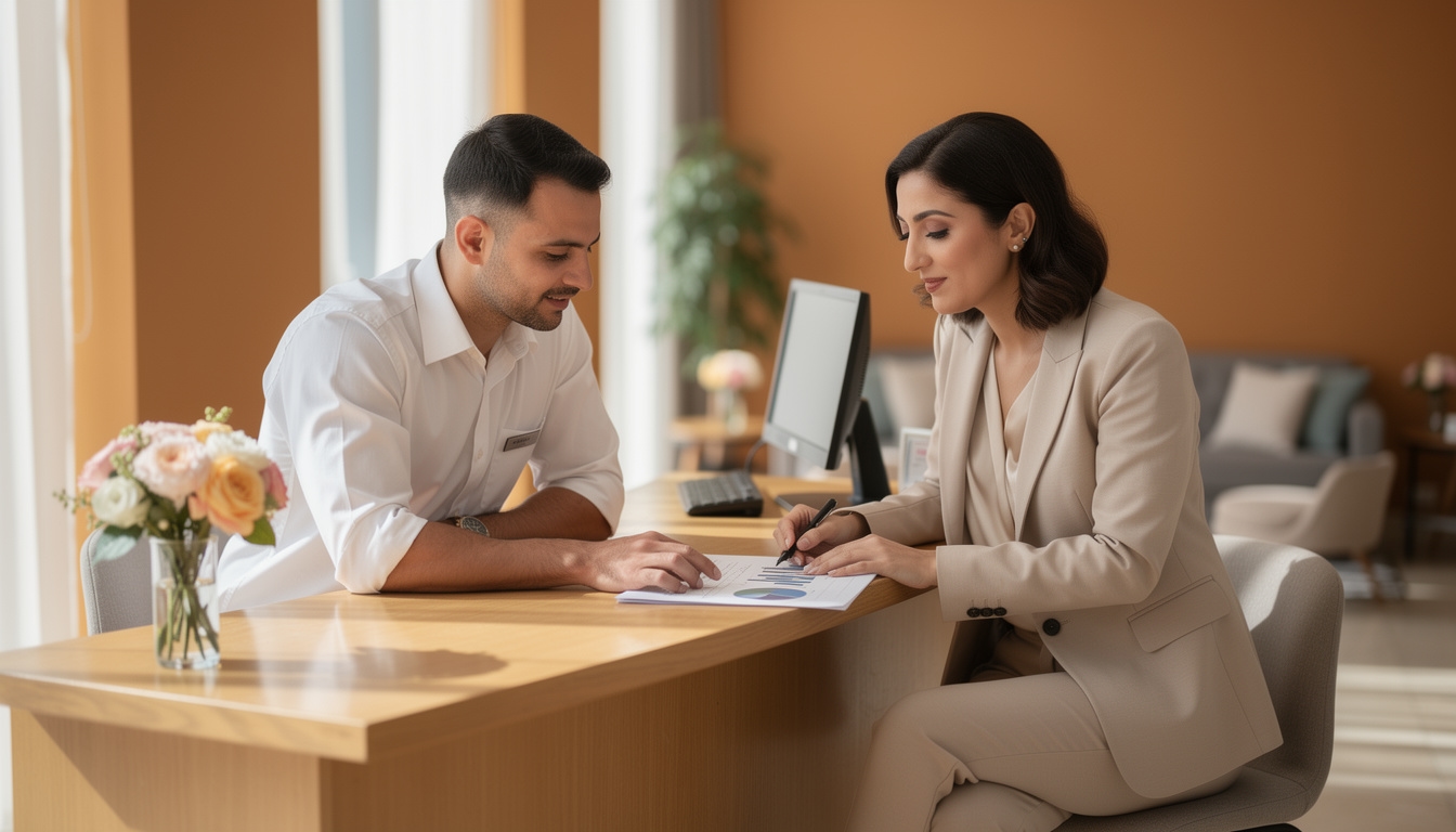 Consulting session at a small guesthouse reception desk in Egypt
