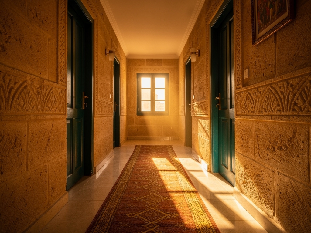Sunlit corridor of an independent hotel in Luxor with warm stone walls