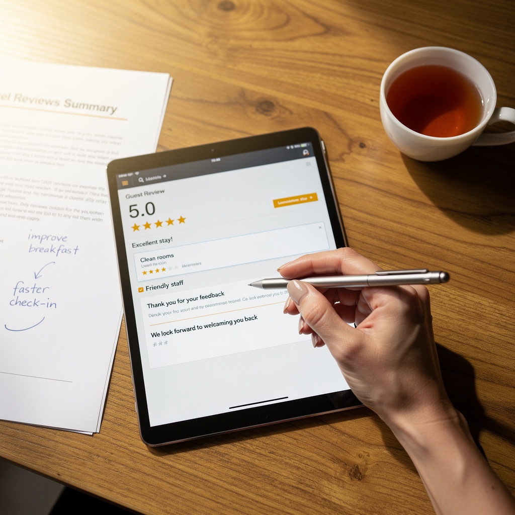 Close-up of a tablet screen showing TripAdvisor review management interface with notes on a desk
